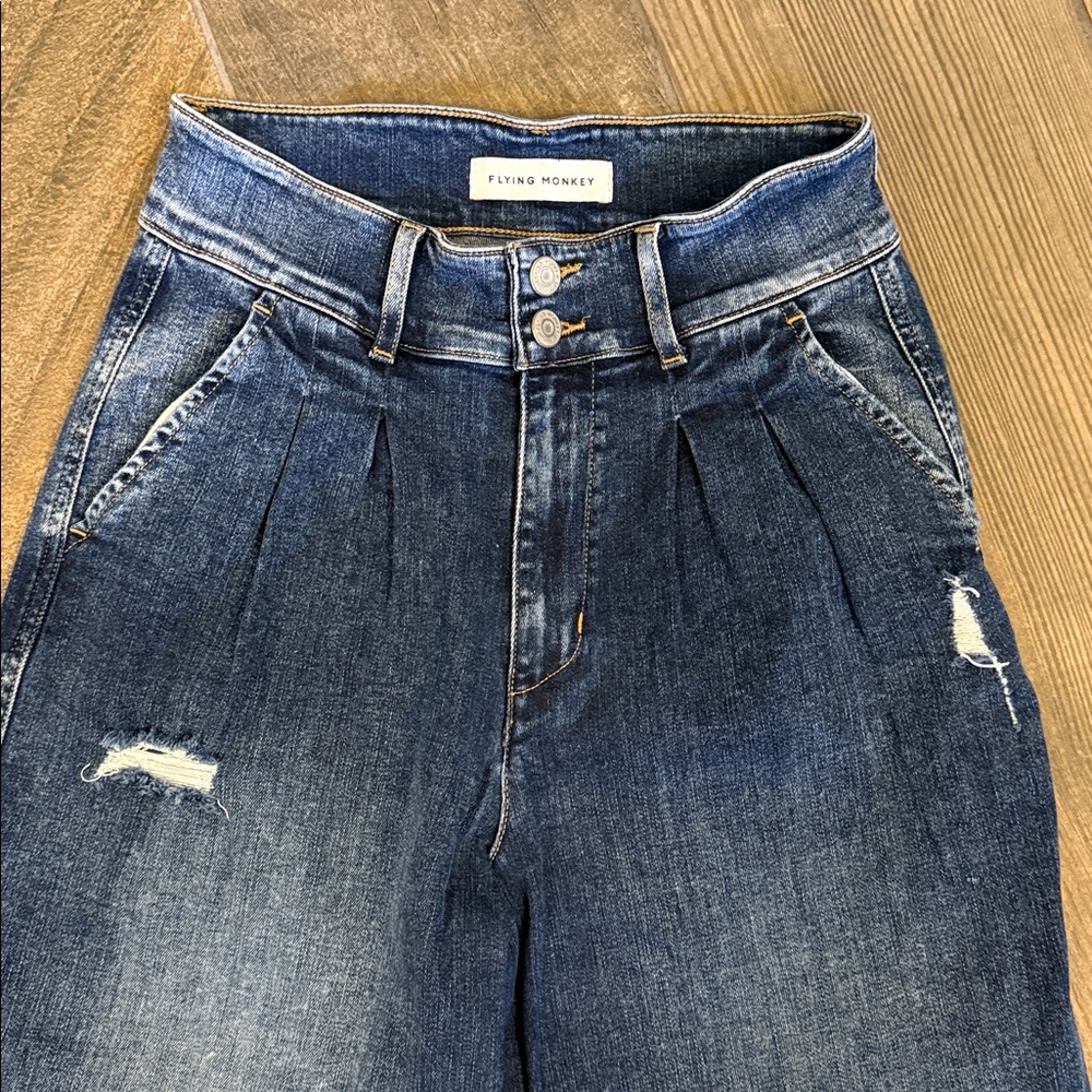 Flying Monkey High Waist Distressed Crop Jeans Size 26 | Pleated Wide Leg - Picture 8 of 12
